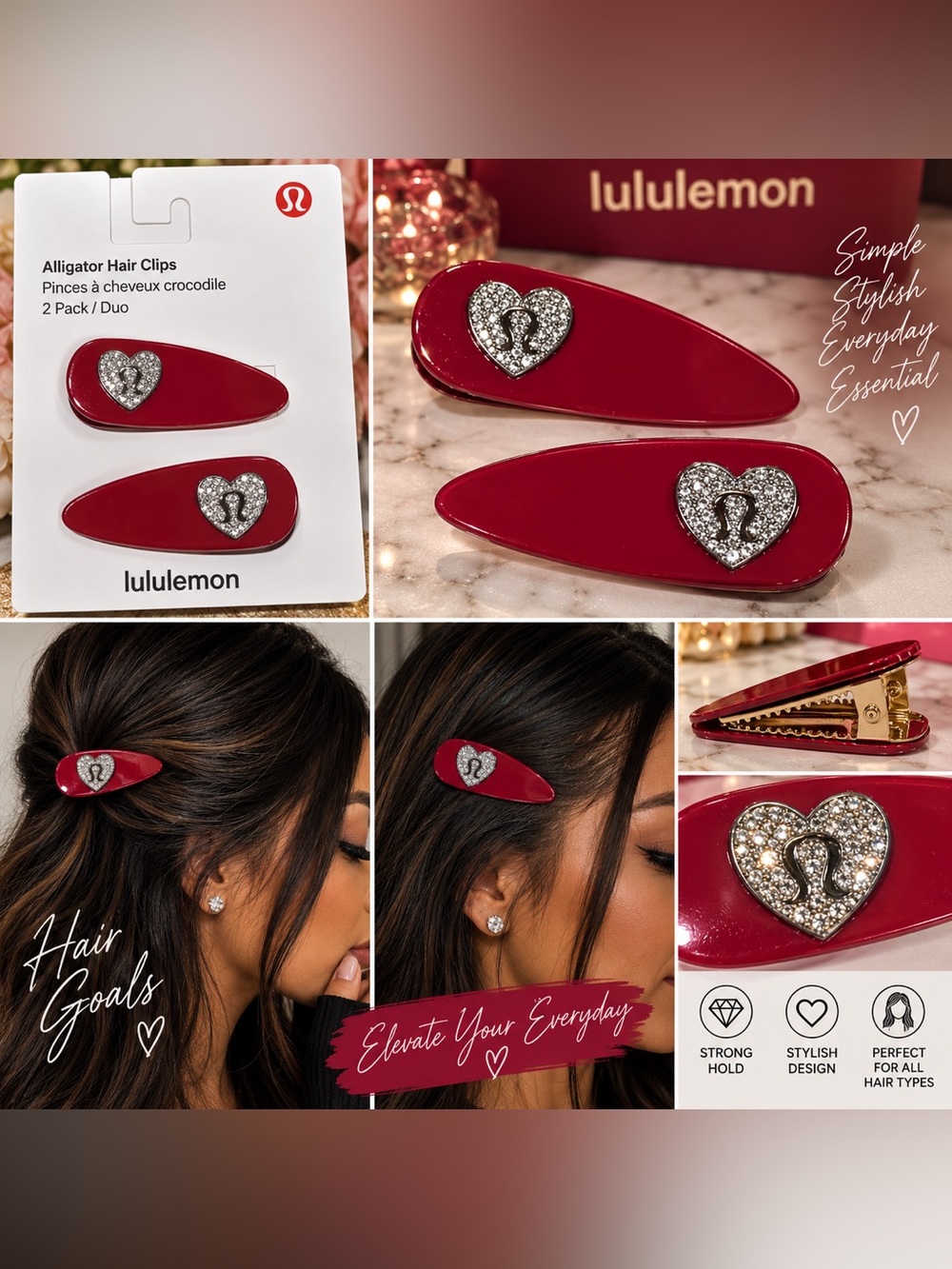 lululemon athletica Red Alligator Hair Clips with Rhinestone Heart - 2 Pack